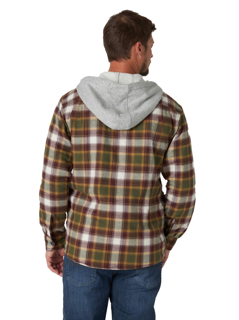 Wrangler Authentics Men's Long Sleeve Quilted Lined Flannel Shirt Jacket with Hood, Olive Night, Small