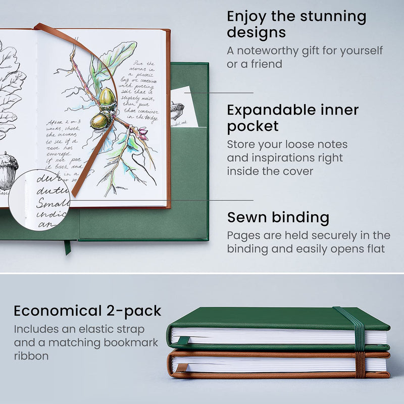 Arteza Journal Notebooks, Pack of 2, 6 x 8 inches, 96 Blank Sheets, Hunter Green and Saddle