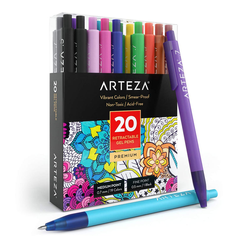 Arteza Retractable Gel Ink Pens, Vibrant Colors - Set of 20