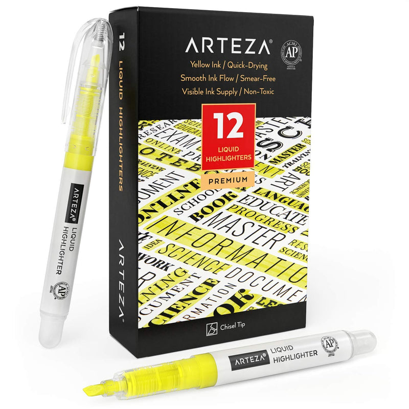 Arteza Liquid Highlighters, Yellow, Chisel Tip - Set of 12