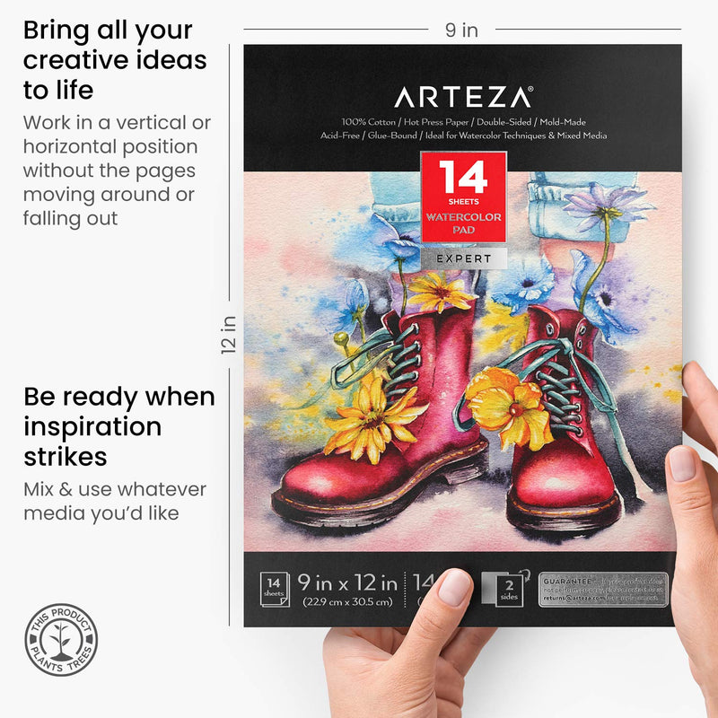 Arteza Expert Watercolor Pad, 100% Cotton, Hot-Pressed, 9" x 12” - 14 sheets
