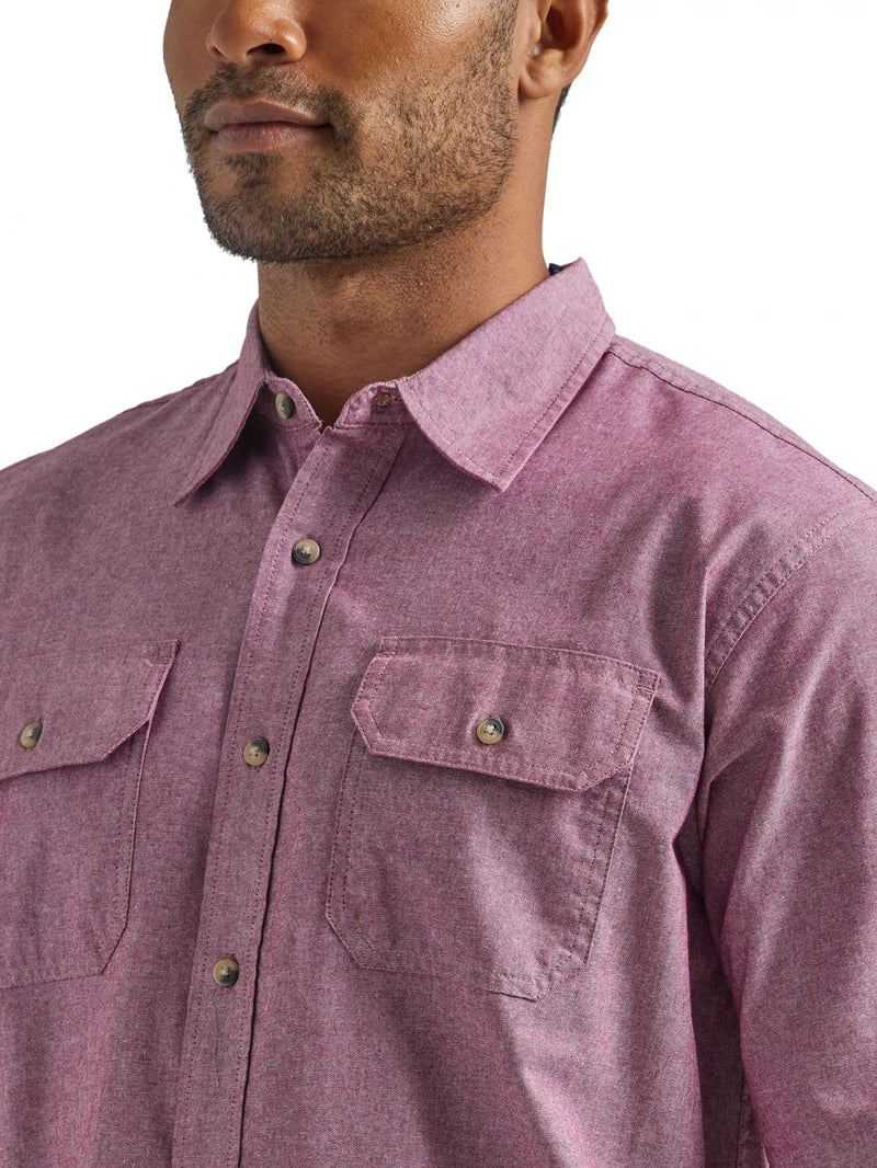 Wrangler Authentics mens Short Sleeve Classic Woven Button Down Shirt, Tawny Port Chambray, Large US