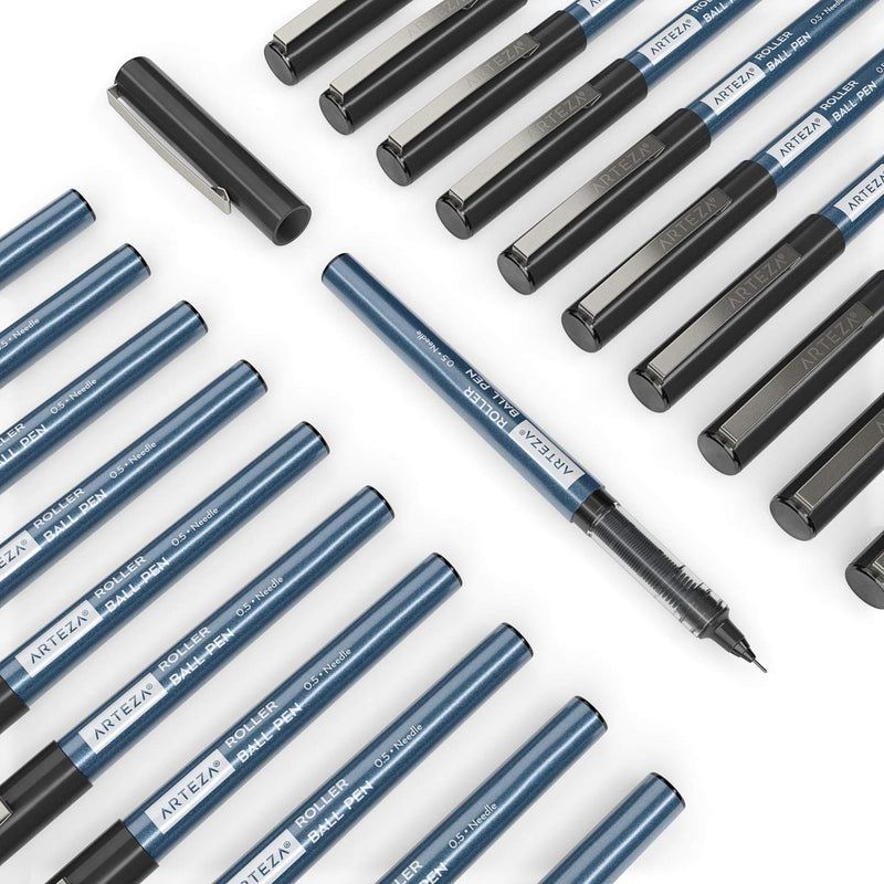 Arteza Roller Ball Pens, Black, 0.5mm Nib - 20 Pack