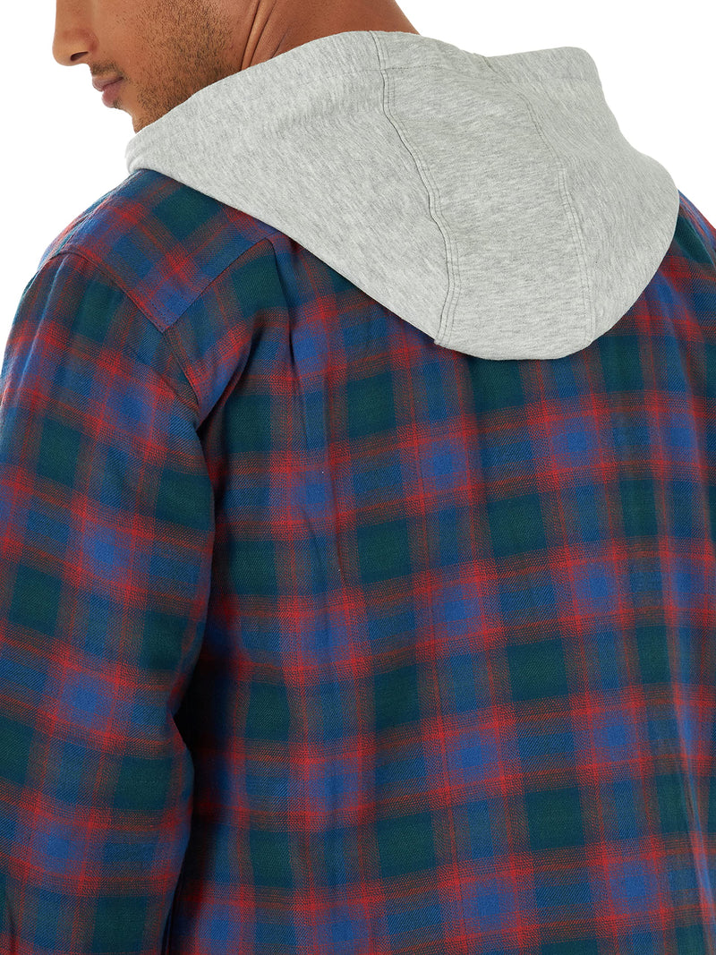 Wrangler Authentics Men's Long Sleeve Quilted Lined Flannel Shirt Jacket with Hood, Blue/Red, Medium