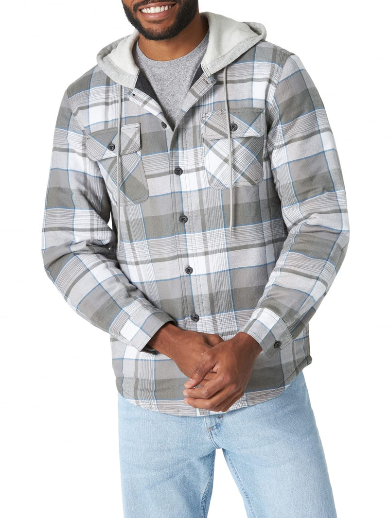 Wrangler Authentics Men's Long Sleeve Quilted Lined Flannel Shirt Jacket with Hood, Gray, 3X-Large
