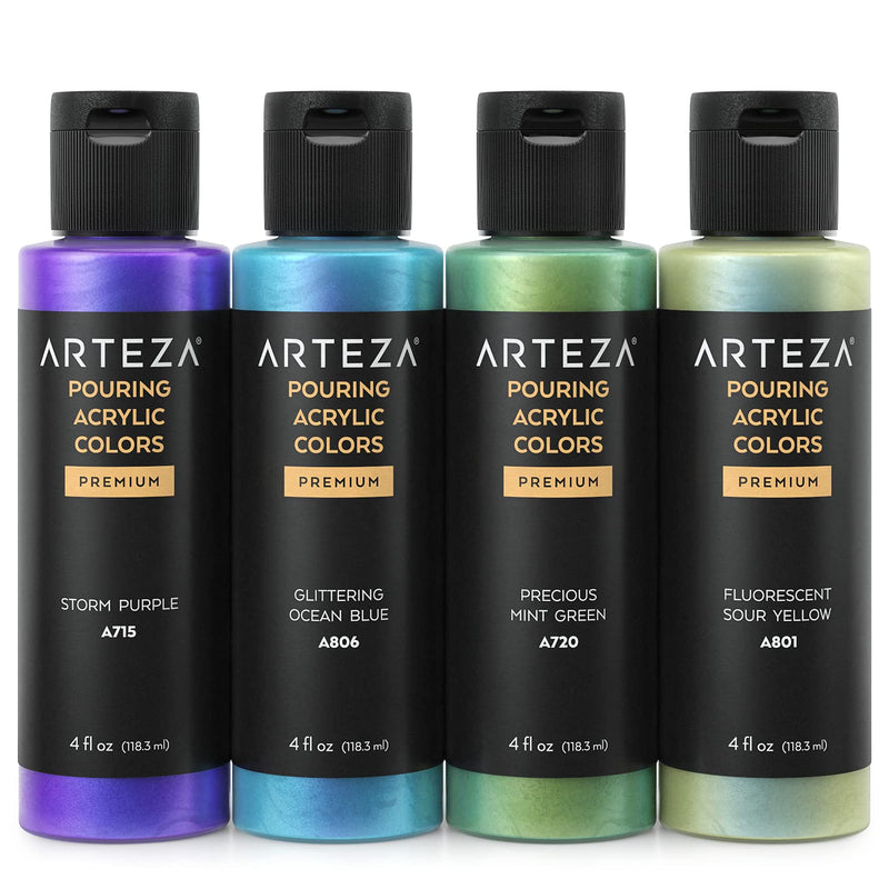 Arteza Pouring Acrylic Paint, Iridescent Vibrant Tones, 4oz Bottles - Set of 4