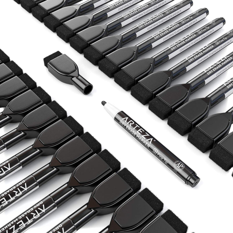 Arteza Dry Erase Markers with Magnetic Eraser Caps, Black, Fine Tip- 36 Pack
