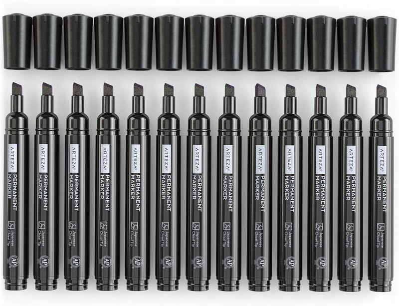 Arteza Permanent Markers, Black, Chisel Tip - Pack of 36