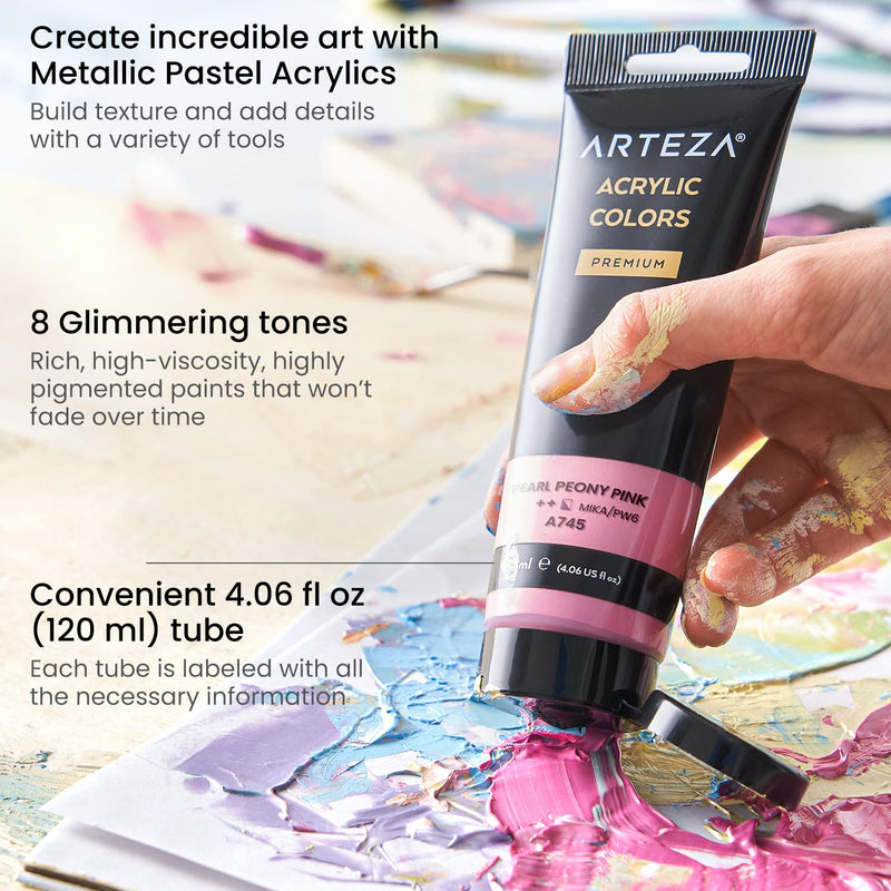 Arteza Metallic Acrylic Paint, Pastel Colors, 4oz Tubes - Set of 8