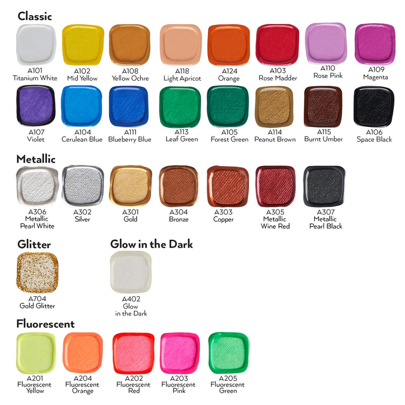 Arteza 3D Fabric Paint, Set of 30, Metallic & Glitter Colors