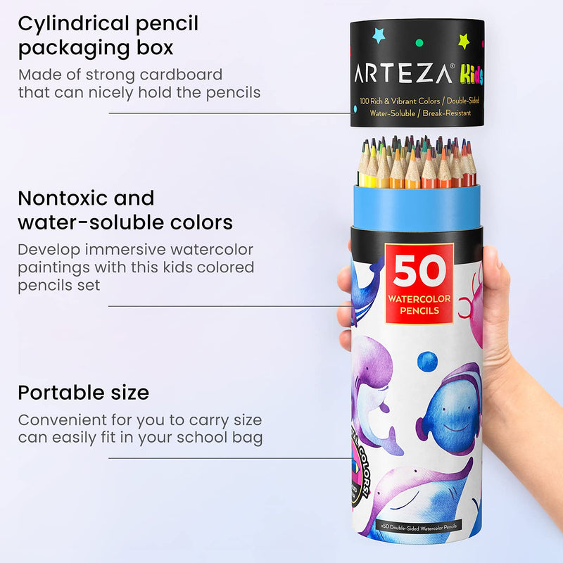 Arteza Kids Watercolor Pencils with Watercolor Brush, Double Sided -Set of 50