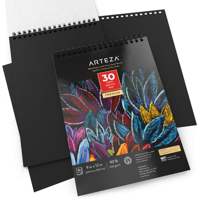 Arteza Black Paper Sketch Pad, 9" x 12", 30 Sheets - Pack of 2