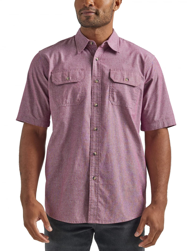 Wrangler Authentics mens Short Sleeve Classic Woven Button Down Shirt, Tawny Port Chambray, Large US