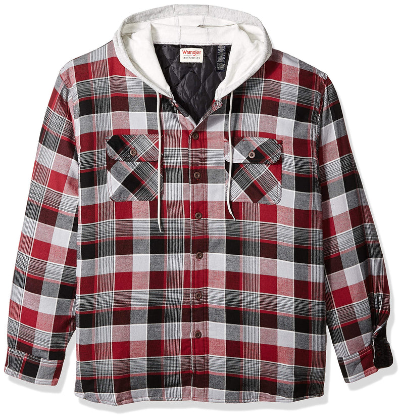Wrangler Authentics Men's Long Sleeve Quilted Lined Flannel Shirt Jacket with Hood, Biking Red, XX-Large