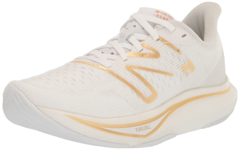 New Balance Women's FuelCell Rebel V3 Running Shoe, White/Gold Metallic/Light Gold Metallic, 10.5