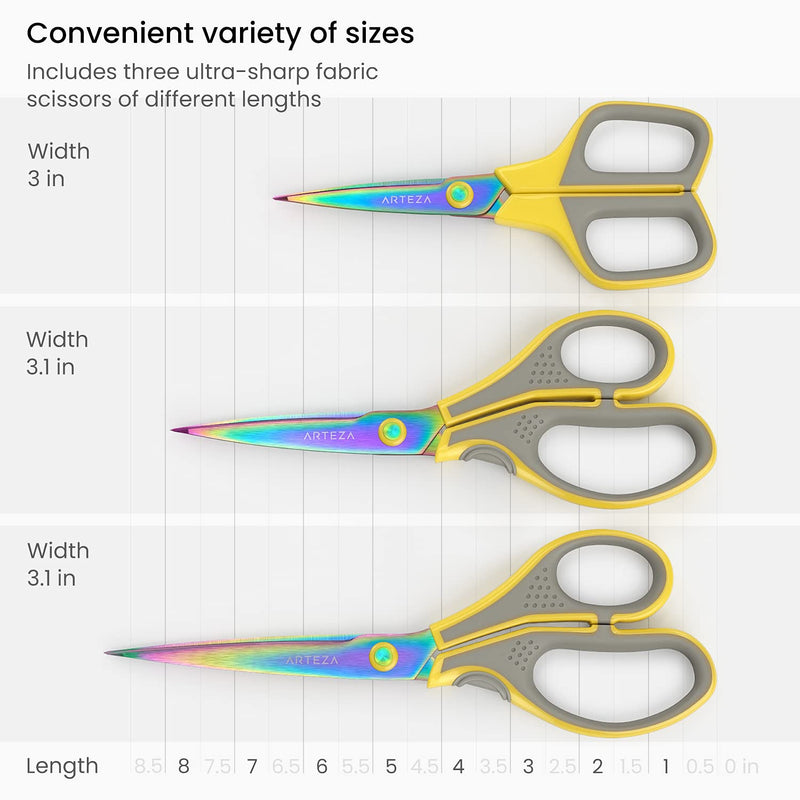 Arteza Fabric Scissors, Iridescent Blade, Ultra-Sharp, Assorted Sizes - Set of 3