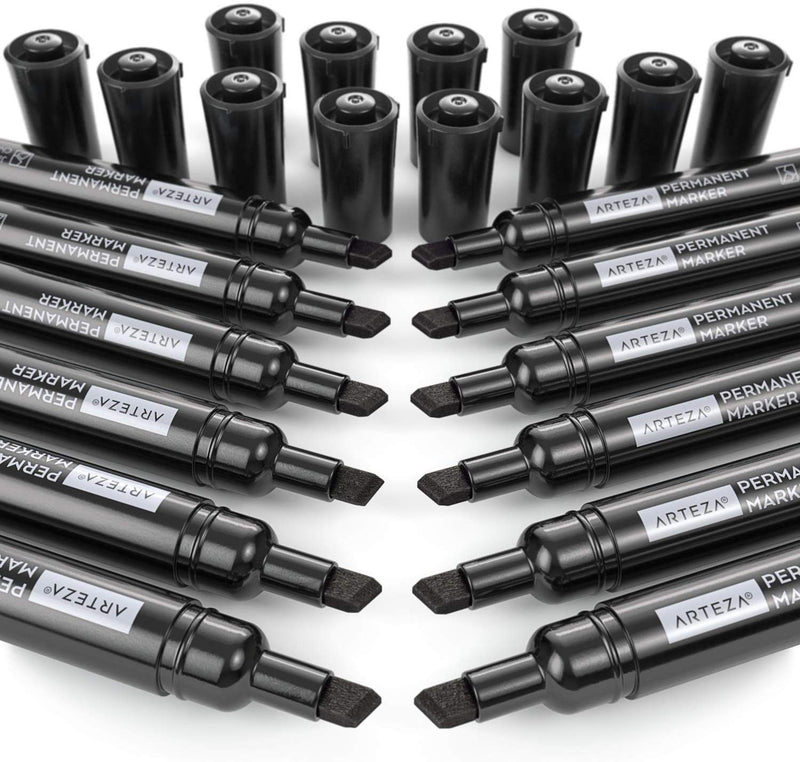 Arteza Permanent Markers, Black, Chisel Tip - Pack of 36