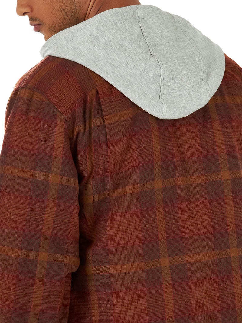 Wrangler Authentics Men's Long Sleeve Quilted Lined Flannel Shirt Jacket with Hood, Toffee, Large