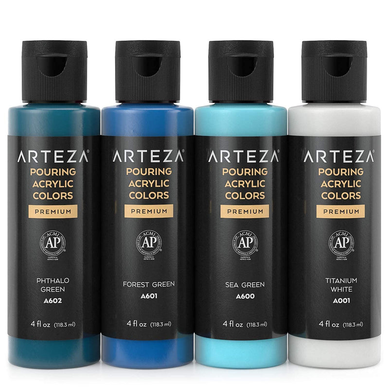 Arteza Pouring Acrylic Paint, Aqua Tones, 4oz Bottles - Set of 4