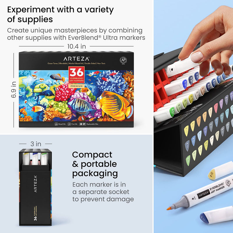 Arteza EverBlend™ Ultra Art Markers, Ocean Tones - 36 Colors