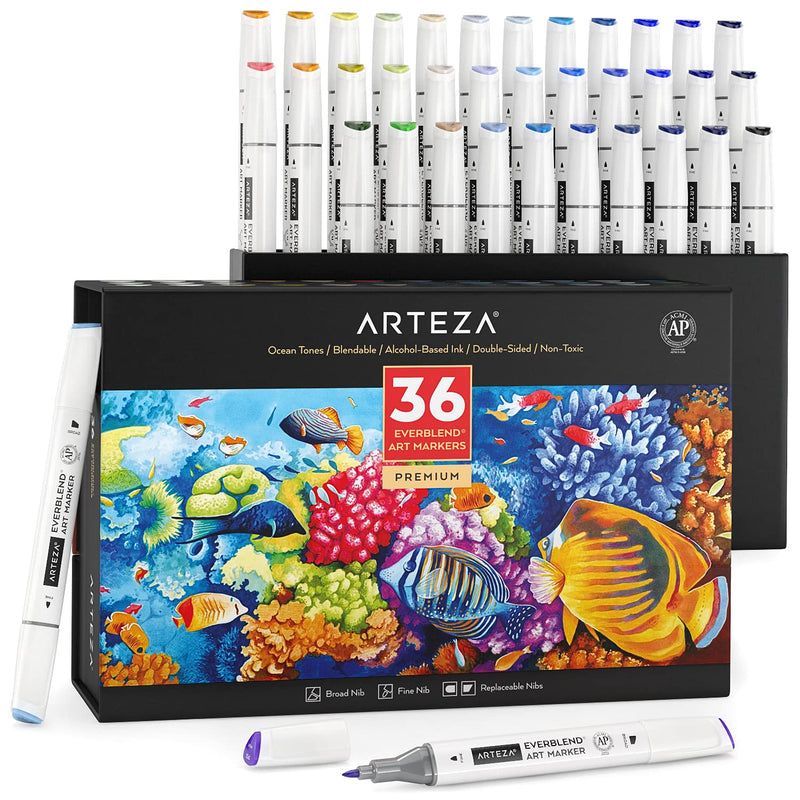 Arteza EverBlend™ Ultra Art Markers, Ocean Tones - 36 Colors
