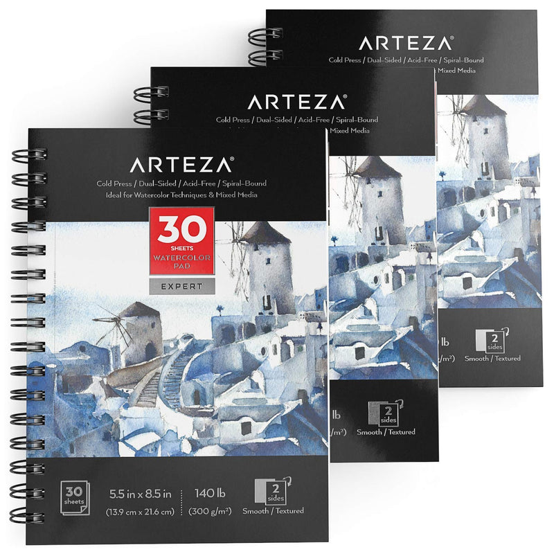 Arteza Expert Watercolor Pad, Cold-Pressed, 5.5" x 8.5", 30 Sheets - Pack of 3