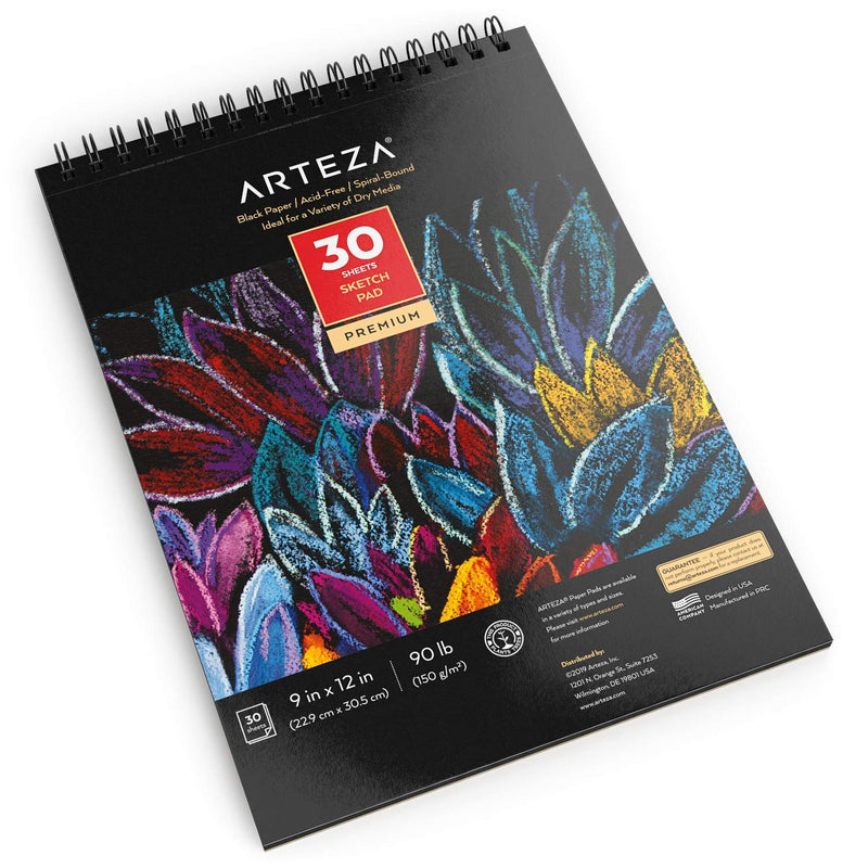 Arteza Black Paper Sketch Pad, 9" x 12", 30 Sheets - Pack of 2