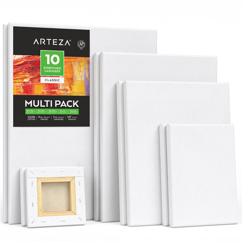 Arteza Classic Stretched Canvas, Medium Multi-Pack Sizes - Set of 10