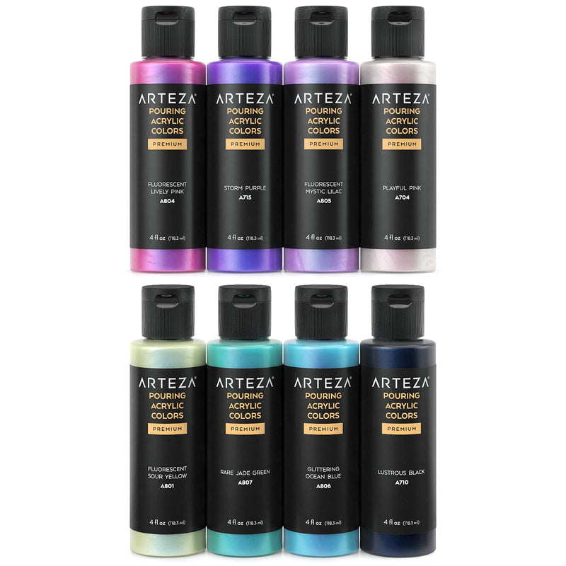 Arteza Pouring Acrylic Paints, Iridescent Elixir Tones, 4oz Bottles - Set of 8
