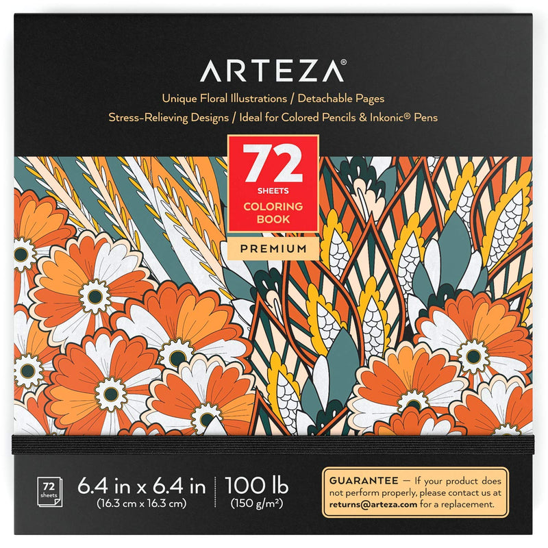 Arteza Coloring Book, Floral Illustrations, 72 Sheets