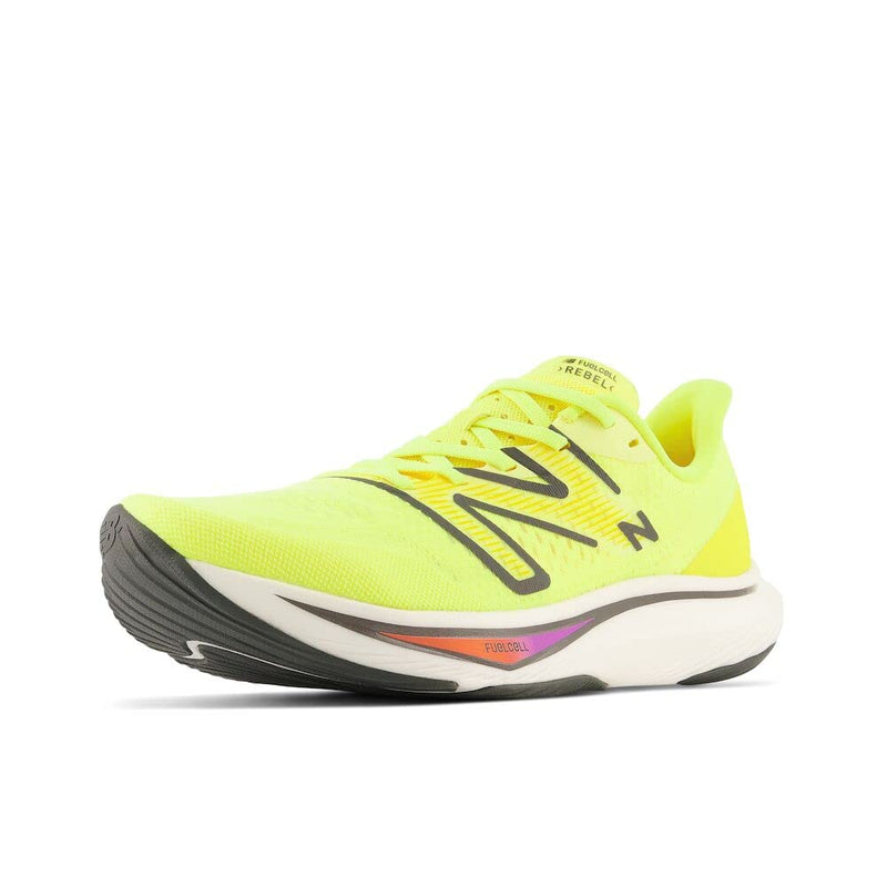 New Balance Men's FuelCell Rebel V3 Running Shoe, Cosmic Pineapple/Blacktop/Neon Dragonfly, 14 Wide