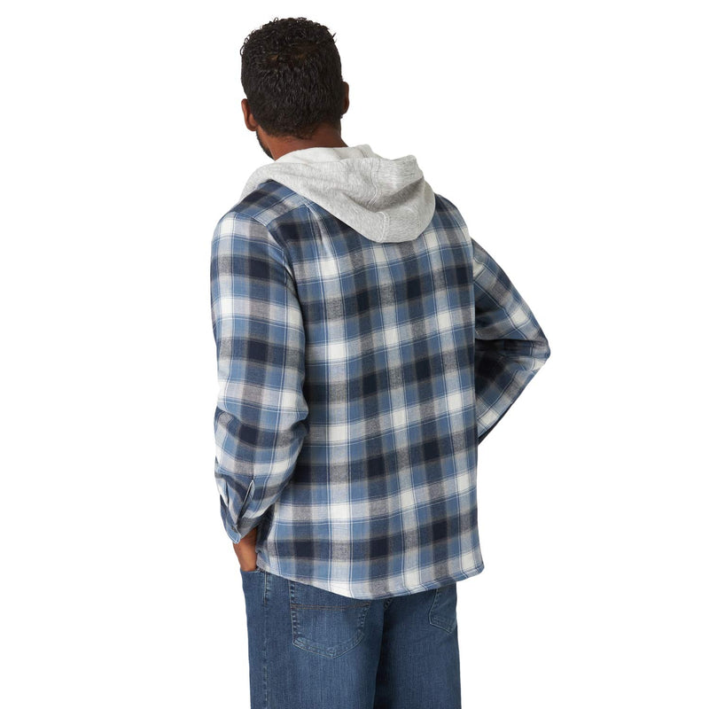 Wrangler Authentics Men's Long Sleeve Quilted Lined Flannel Shirt Jacket with Hood, Blue/Black, X-Large