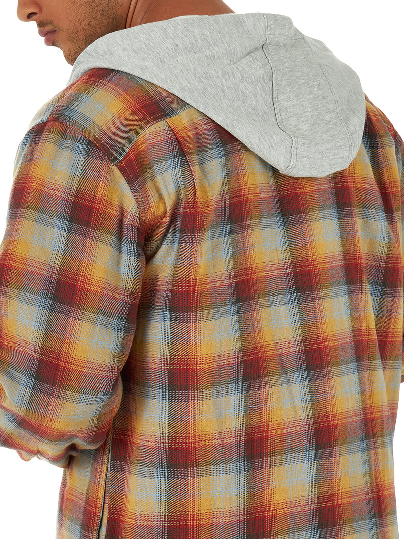 Wrangler Authentics Men's Long Sleeve Quilted Lined Flannel Shirt Jacket with Hood, Red/Yellow, Large
