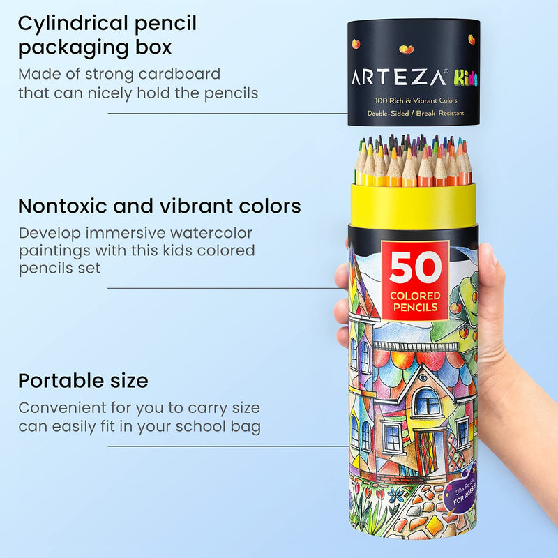 Arteza Kids Colored Pencils, Double Sided- Set of 50