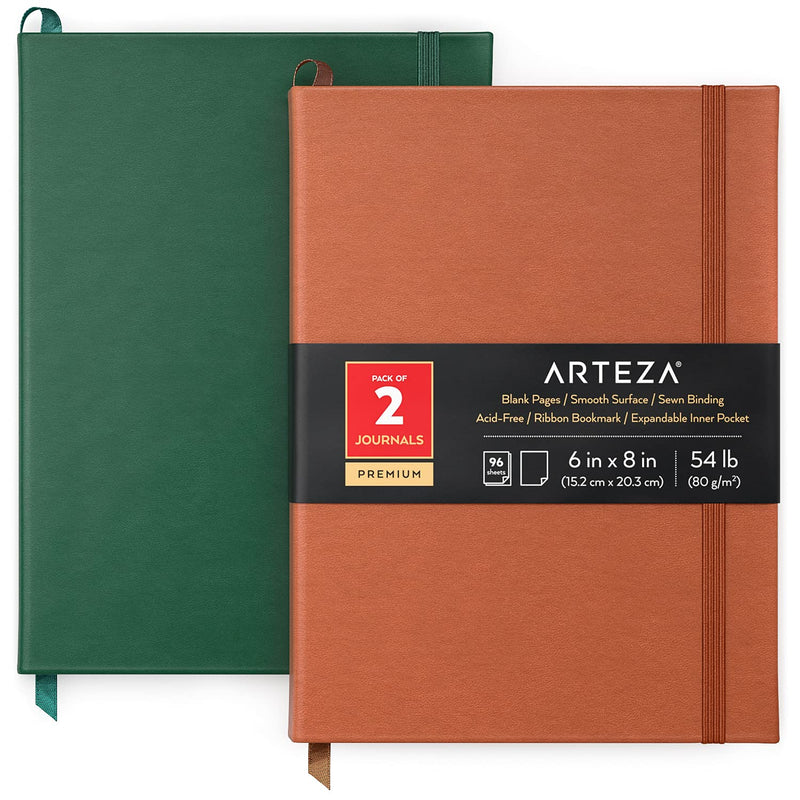 Arteza Journal Notebooks, Pack of 2, 6 x 8 inches, 96 Blank Sheets, Hunter Green and Saddle