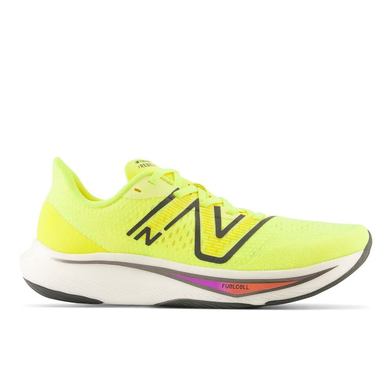 New Balance Men's FuelCell Rebel V3 Running Shoe, Cosmic Pineapple/Blacktop/Neon Dragonfly, 12