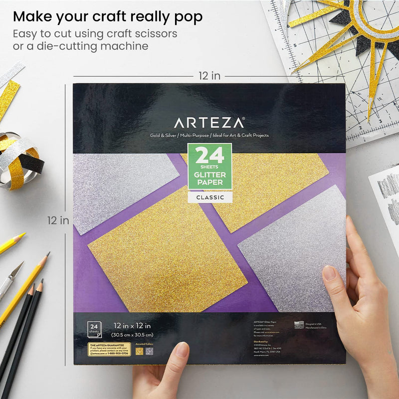 Arteza Glitter Paper, Gold & Silver, 12" x 12" - 24 Sheets