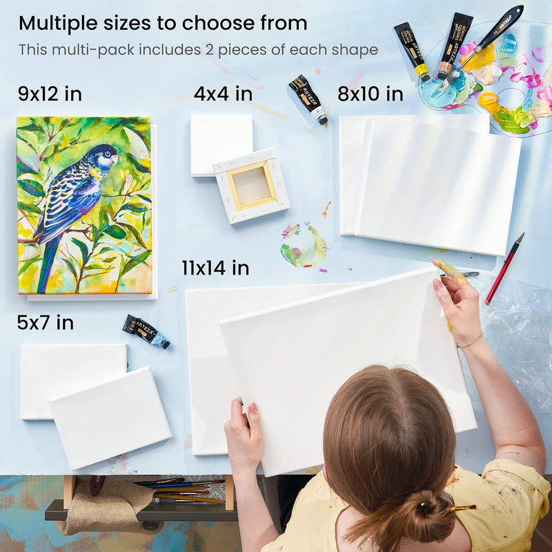 Arteza Classic Stretched Canvas, Medium Multi-Pack Sizes - Set of 10