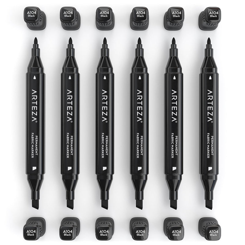 Arteza Fabric Markers, Black, Chisel & Fine Tip Dual-Tip - Pack of 6